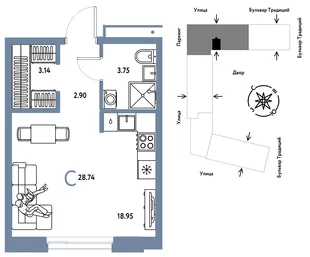 Планировка Студия, 28.74 м² ЖК «Микрорайон Домашний»