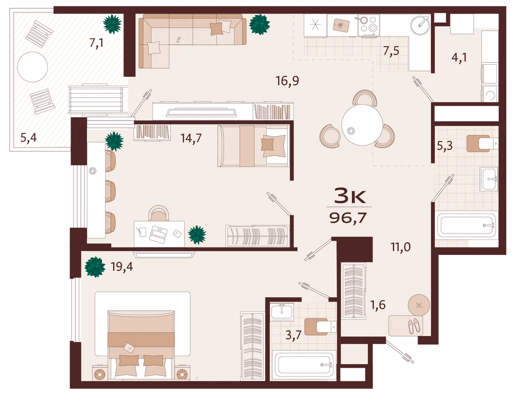 Планировка 3-комн. квартира, 96.7 м² ЖК «Роялта»