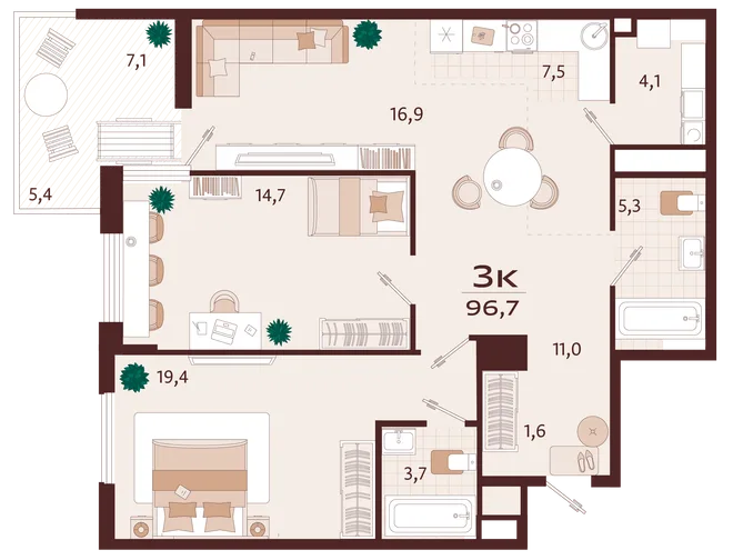 Планировка 3-комн. квартира, 96.7 м² ЖК «Роялта» Планировка 3-комн. квартира, 96.7 м² ЖК «Роялта»