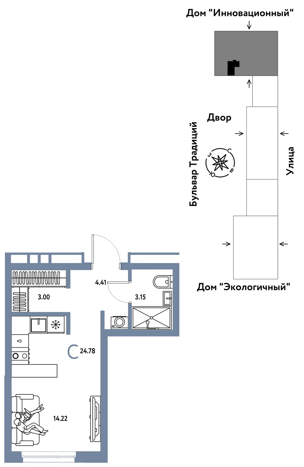 Планировка Студия, 24.78 м² ЖК «Микрорайон Домашний»