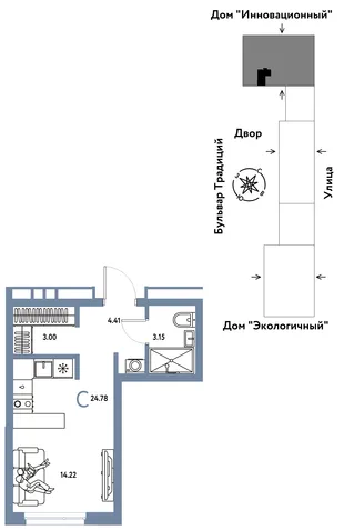 Планировка Студия, 24.78 м² ЖК «Микрорайон Домашний»