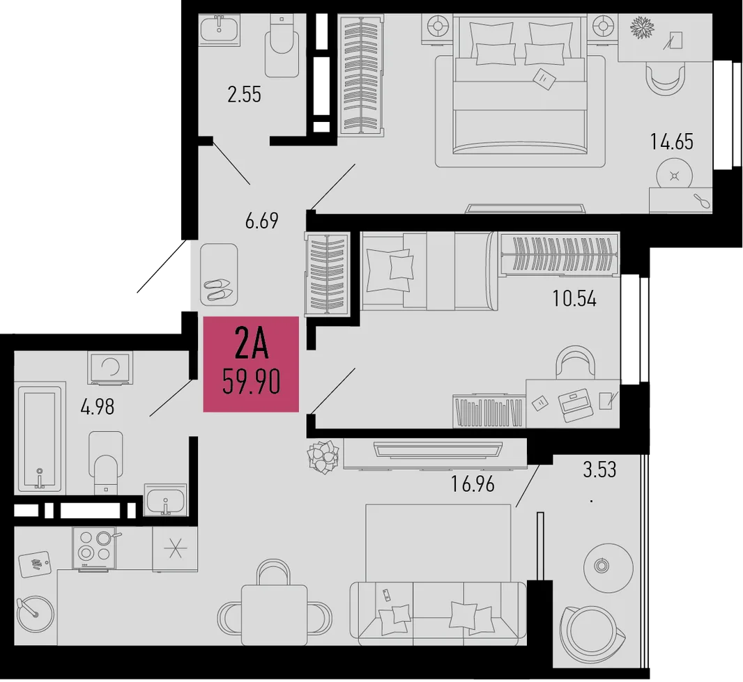 Планировка 2-комн. квартира, 59.9 м² ЖК «Столицыно»