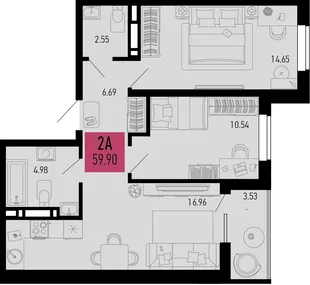 Планировка 2-комн. квартира, 59.9 м² ЖК «Столицыно»