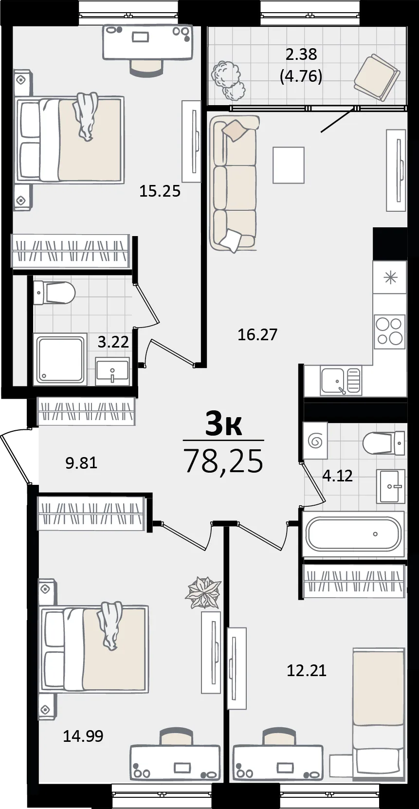 Планировка 3-комн. квартира, 78.25 м² ЖК «Патрики»
