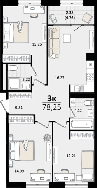 Планировка 3-комн. квартира, 78.25 м² ЖК «Патрики»