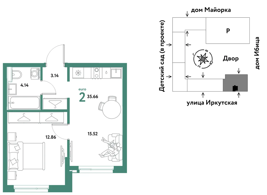 Планировка 2-комн. квартира, 35.66 м² ЖК «Остров-сад»