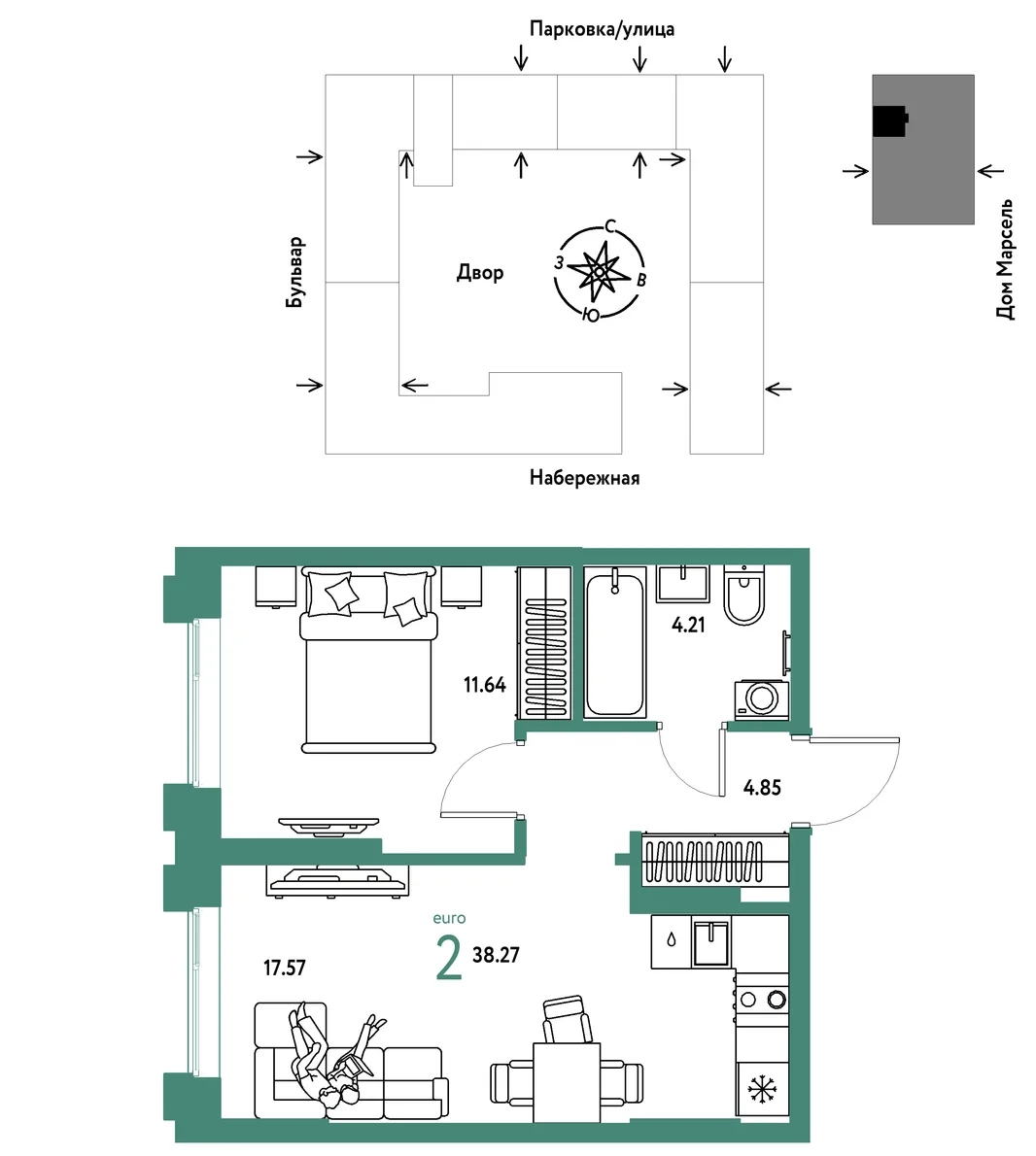 Планировка 2-комн. квартира, 38.27 м² ЖК «Европейский берег 2.0»