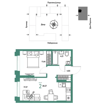 Планировка 2-комн. квартира, 38.27 м² ЖК «Европейский берег 2.0»