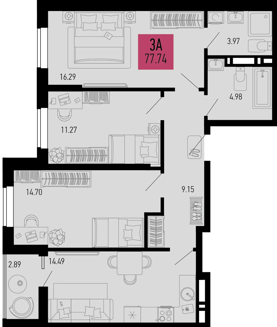 Планировка 3-комн. квартира, 77.74 м² ЖК «Столицыно»