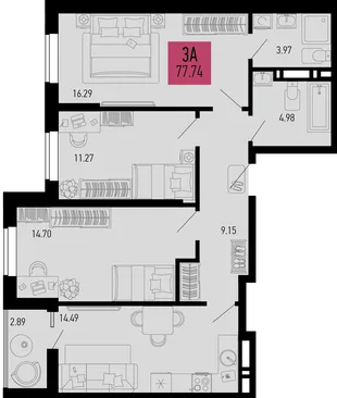 Планировка 3-комн. квартира, 77.74 м² ЖК «Столицыно»