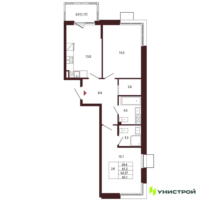 Планировка 2-комн. квартира, 62.37 м² ЖК «Лисино» Планировка 2-комн. квартира, 62.37 м² ЖК «Лисино»