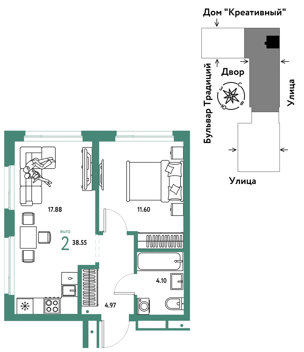 Планировка 2-комн. квартира, 38.55 м² ЖК «Микрорайон Домашний»