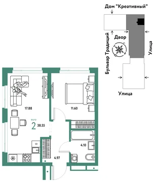 Планировка 2-комн. квартира, 38.55 м² ЖК «Микрорайон Домашний»