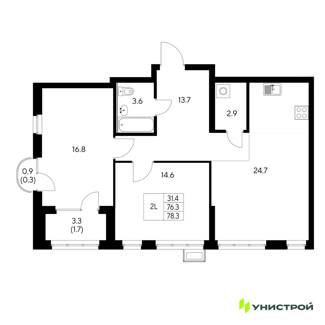 Планировка 2-комн. квартира, 78.3 м² ЖК «Стадиум»