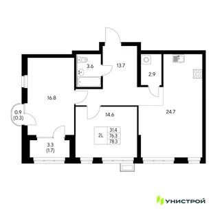 Планировка 2-комн. квартира, 78.3 м² ЖК «Стадиум»