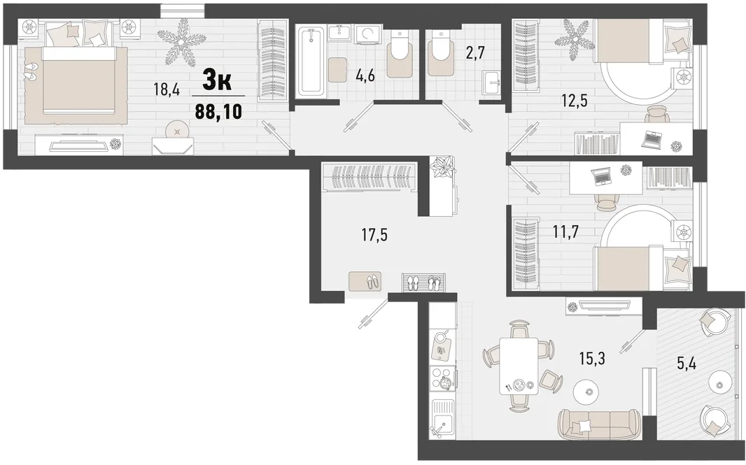 Планировка 3-комн. квартира, 88.1 м² ЖК «Барса»