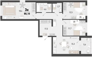 Планировка 3-комн. квартира, 88.1 м² ЖК «Барса»