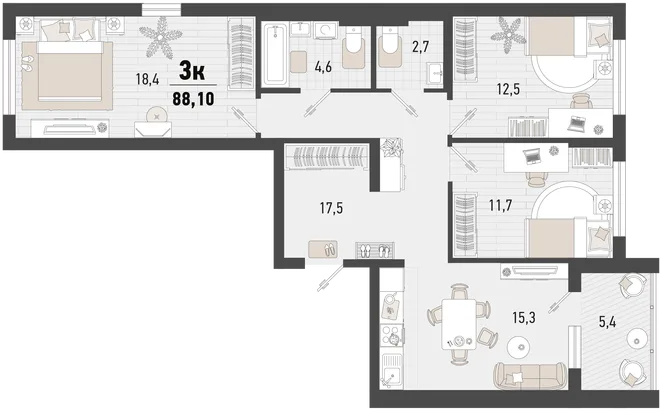 Планировка 3-комн. квартира, 88.1 м² ЖК «Барса»