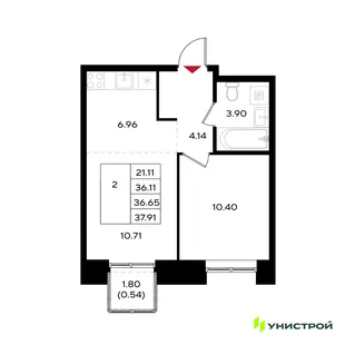 Планировка 2-комн. квартира, 36.6 м² ЖК «Уникум на Энгельса»