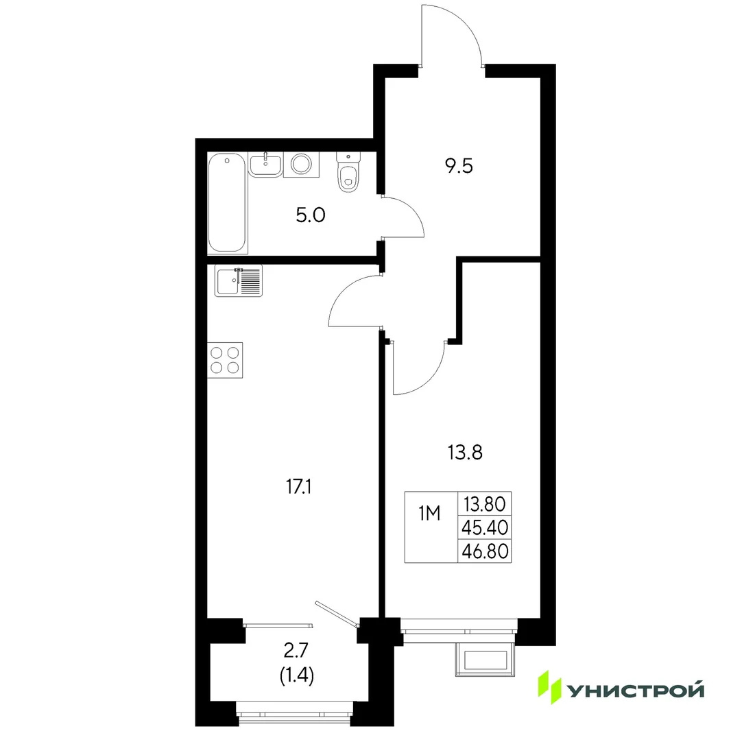 Планировка 1-комн. квартира, 46.8 м² ЖК «Стадиум»