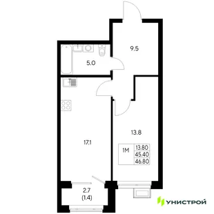 Планировка 1-комн. квартира, 46.8 м² ЖК «Стадиум»