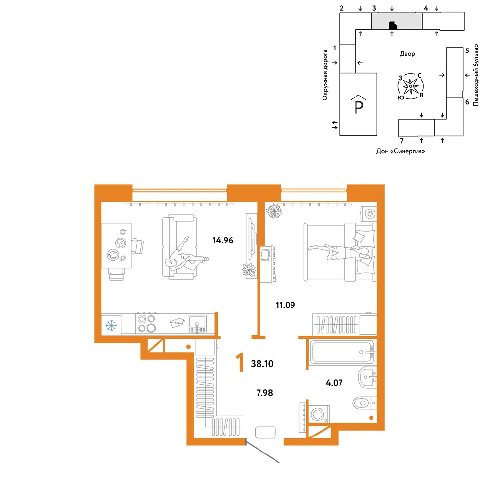 Планировка 1-комн. квартира, 38.1 м² ЖК «Юнион»