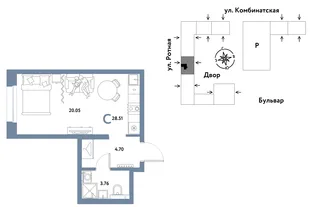 Планировка Студия, 28.47 м² ЖК «Уральский сад»