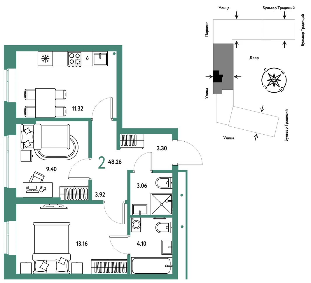 Планировка 2-комн. квартира, 48.26 м² ЖК «Микрорайон Домашний»