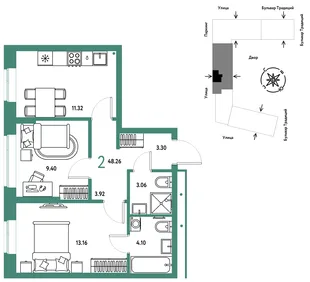 Планировка 2-комн. квартира, 48.26 м² ЖК «Микрорайон Домашний»