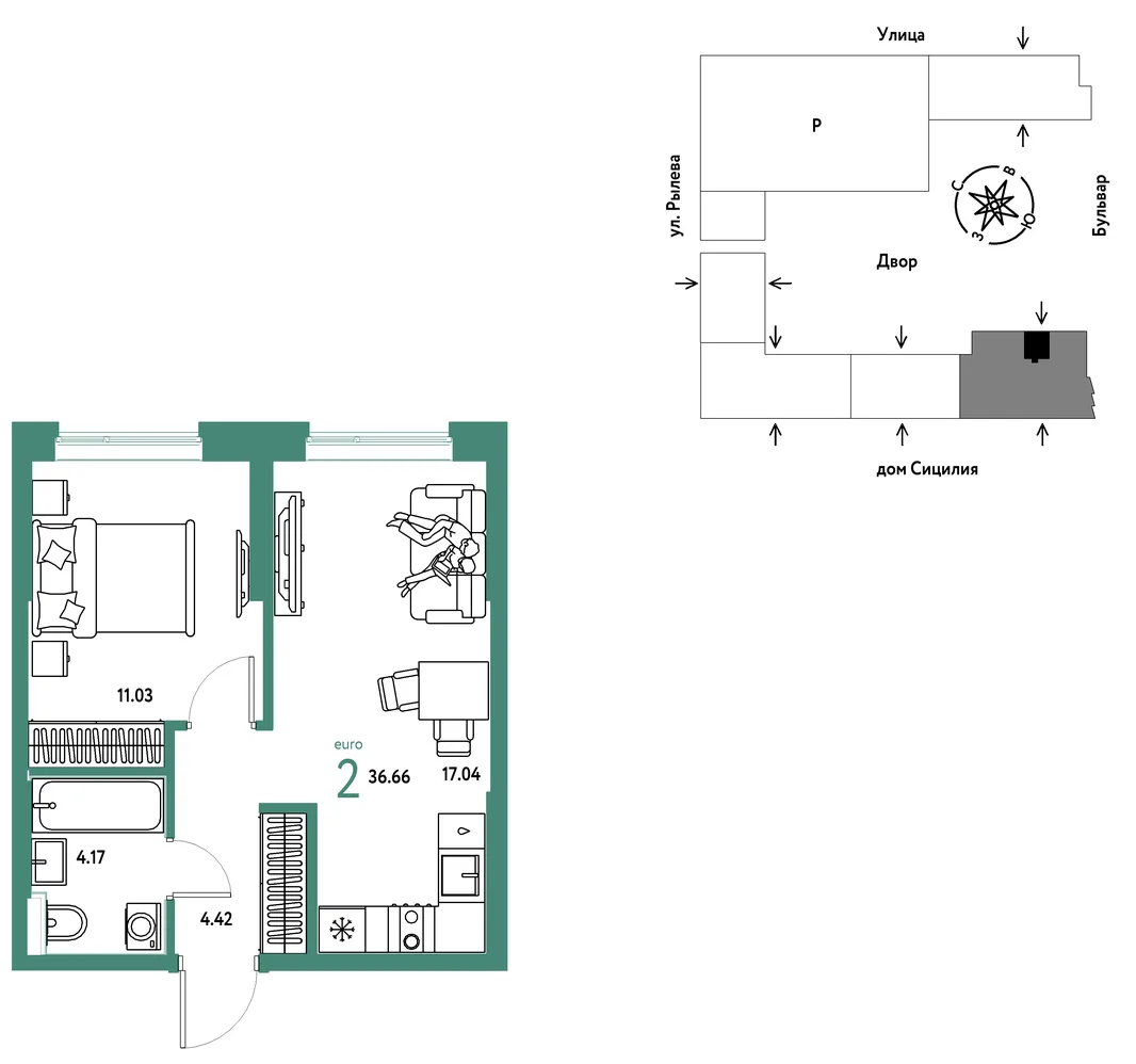Планировка 2-комн. квартира, 36.66 м² ЖК «Остров-сад»