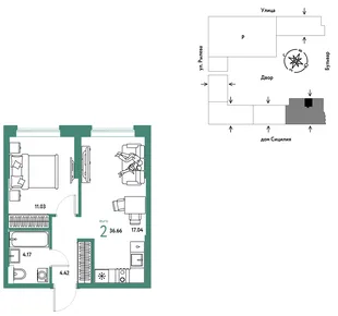 Планировка 2-комн. квартира, 36.66 м² ЖК «Остров-сад»
