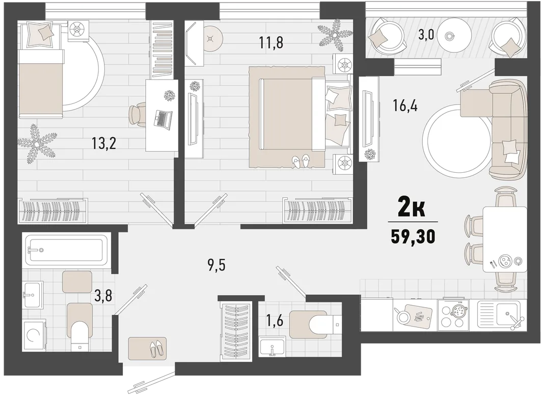 Планировка 2-комн. квартира, 59.3 м² ЖК «Барса»