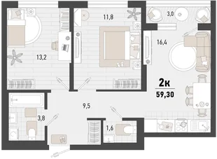 Планировка 2-комн. квартира, 59.3 м² ЖК «Барса»