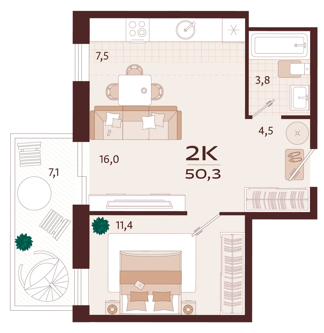 Планировка 1-комн. квартира, 50.3 м² ЖК «Роялта»