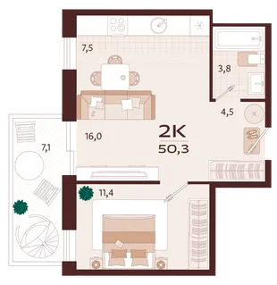 Планировка 1-комн. квартира, 50.3 м² ЖК «Роялта»
