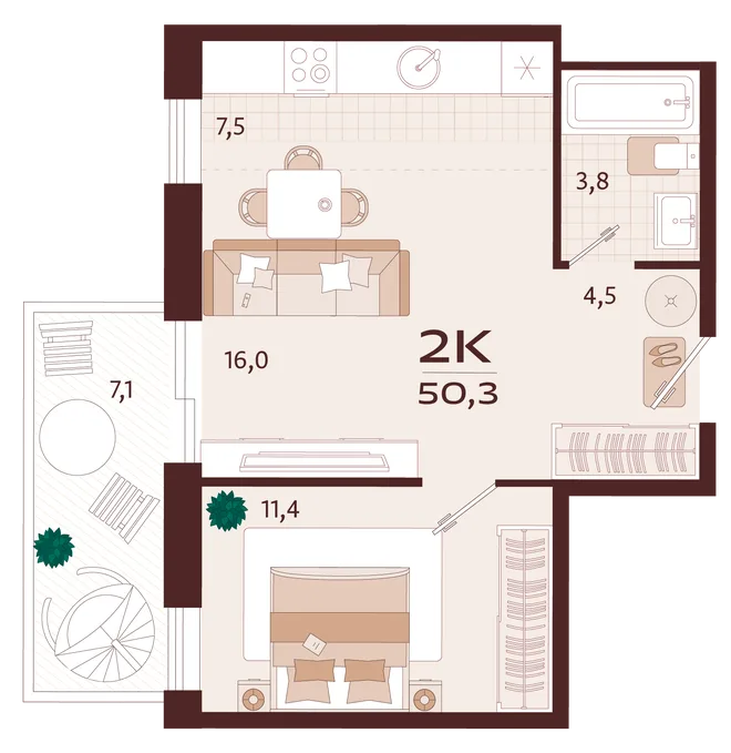Планировка 1-комн. квартира, 50.3 м² ЖК «Роялта» Планировка 1-комн. квартира, 50.3 м² ЖК «Роялта»