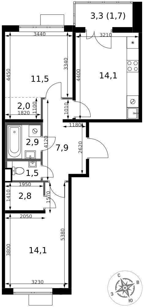 Планировка 2-комн. квартира, 58.5 м² ЖК «1-й Химкинский»
