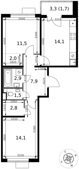 Планировка 2-комн. квартира, 58.5 м² ЖК «1-й Химкинский»