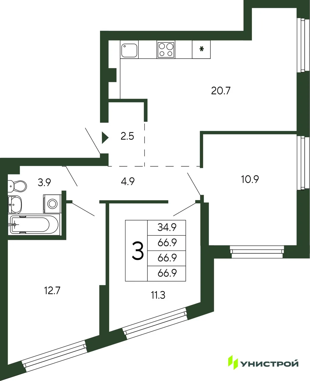 Планировка 3-комн. квартира, 66.9 м² ЖК «Парковый квартал 2.0»