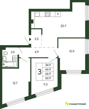 Планировка 3-комн. квартира, 66.9 м² ЖК «Парковый квартал 2.0»