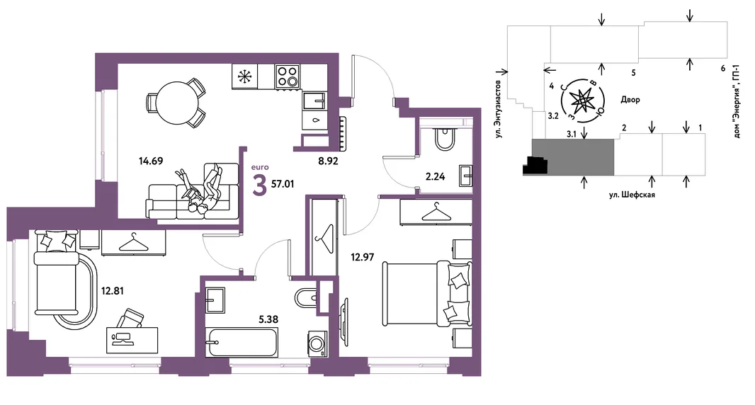 Планировка 3-комн. квартира, 57.01 м² ЖК «Страна.Энтузиастов»
