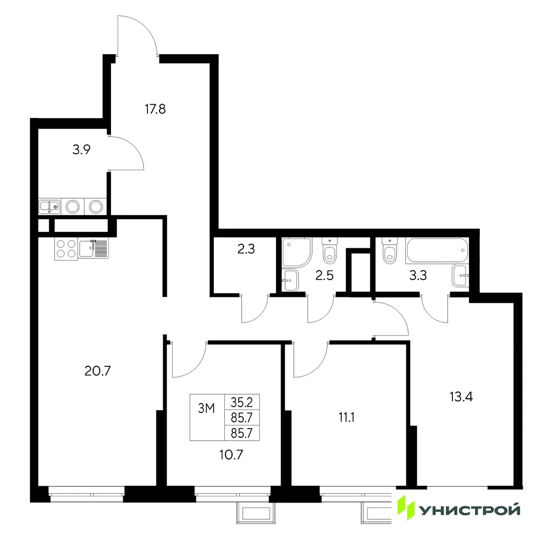 Планировка 3-комн. квартира, 85.7 м² ЖК «Стадиум»