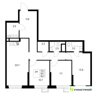 Планировка 3-комн. квартира, 85.7 м² ЖК «Стадиум»