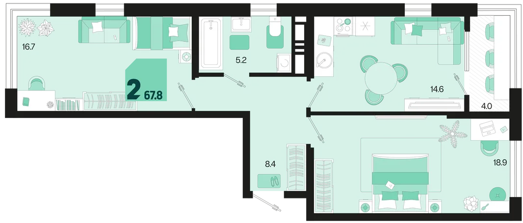 Планировка 2-комн. квартира, 67.8 м² ЖК «Первое место»