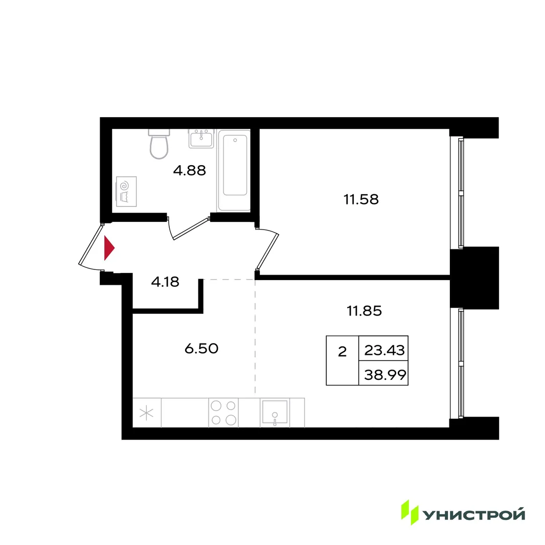 Планировка 2-комн. квартира, 38.99 м² ЖК «Уникум на Энгельса»