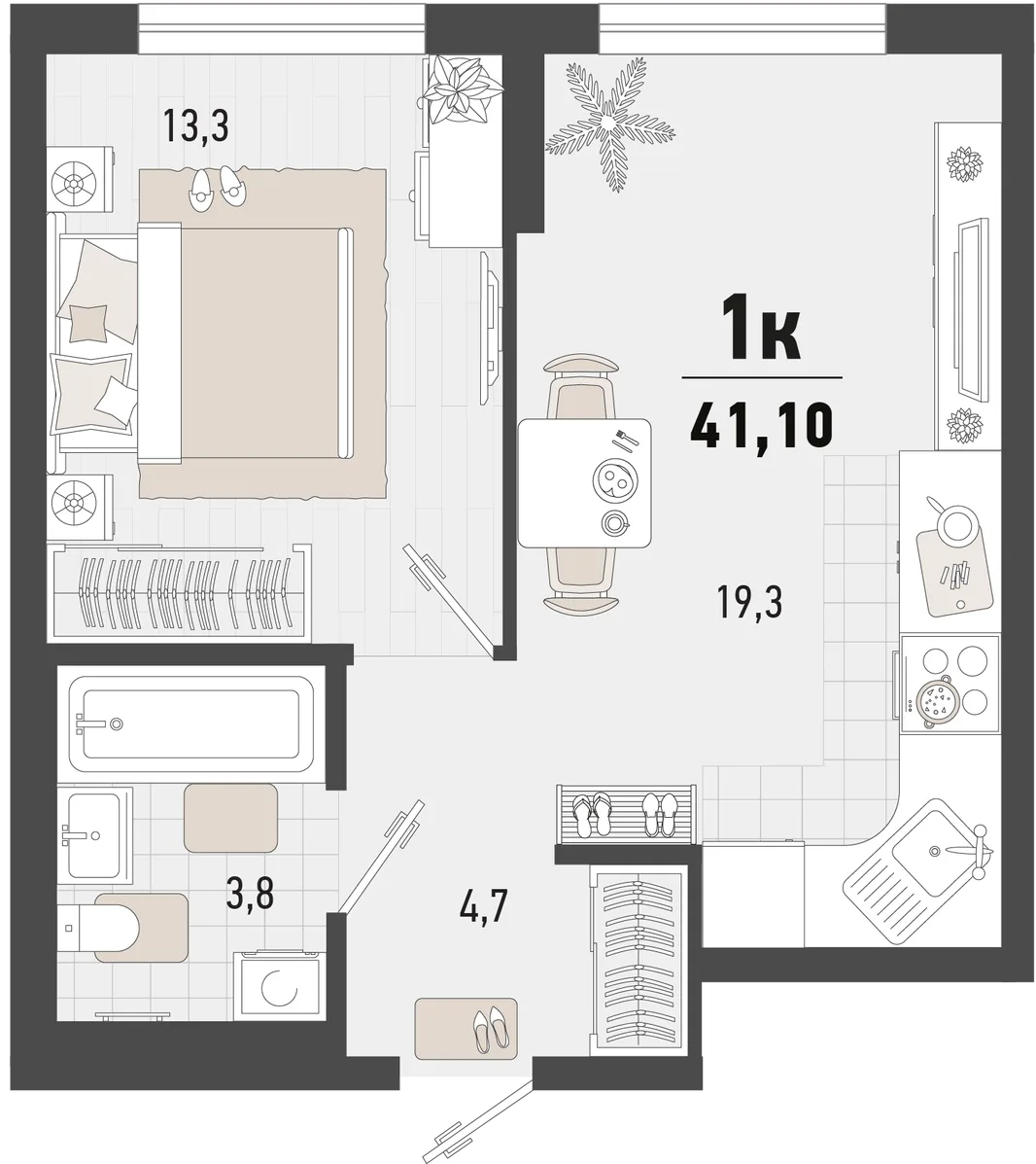 Планировка 1-комн. квартира, 41.1 м² ЖК «Барса»