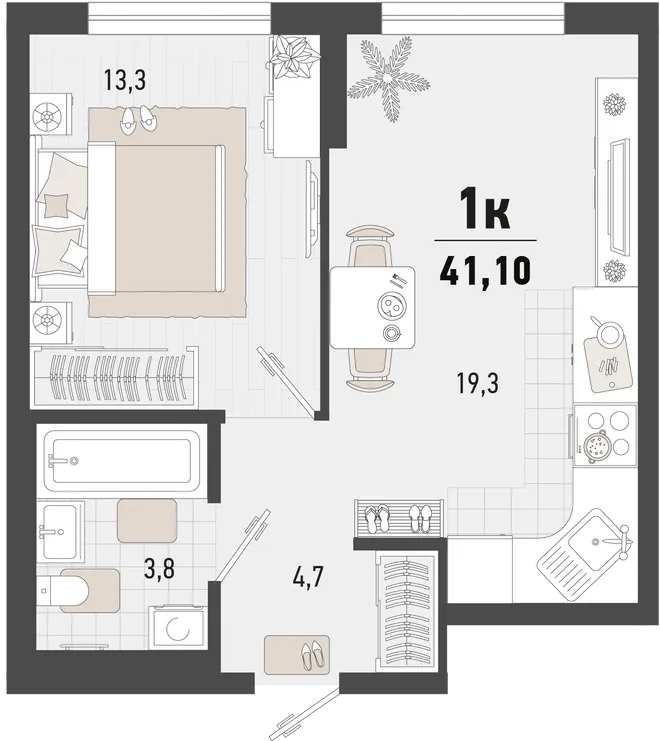 Планировка 1-комн. квартира, 41.1 м² ЖК «Барса»