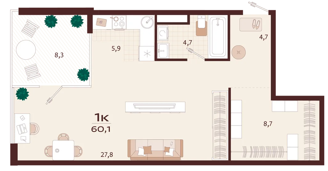 Планировка 1-комн. квартира, 60.1 м² ЖК «Роялта»