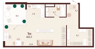 Планировка 1-комн. квартира, 60.1 м² ЖК «Роялта»