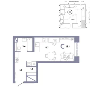 Планировка Студия, 28.1 м² ЖК «Страна.Заречная»